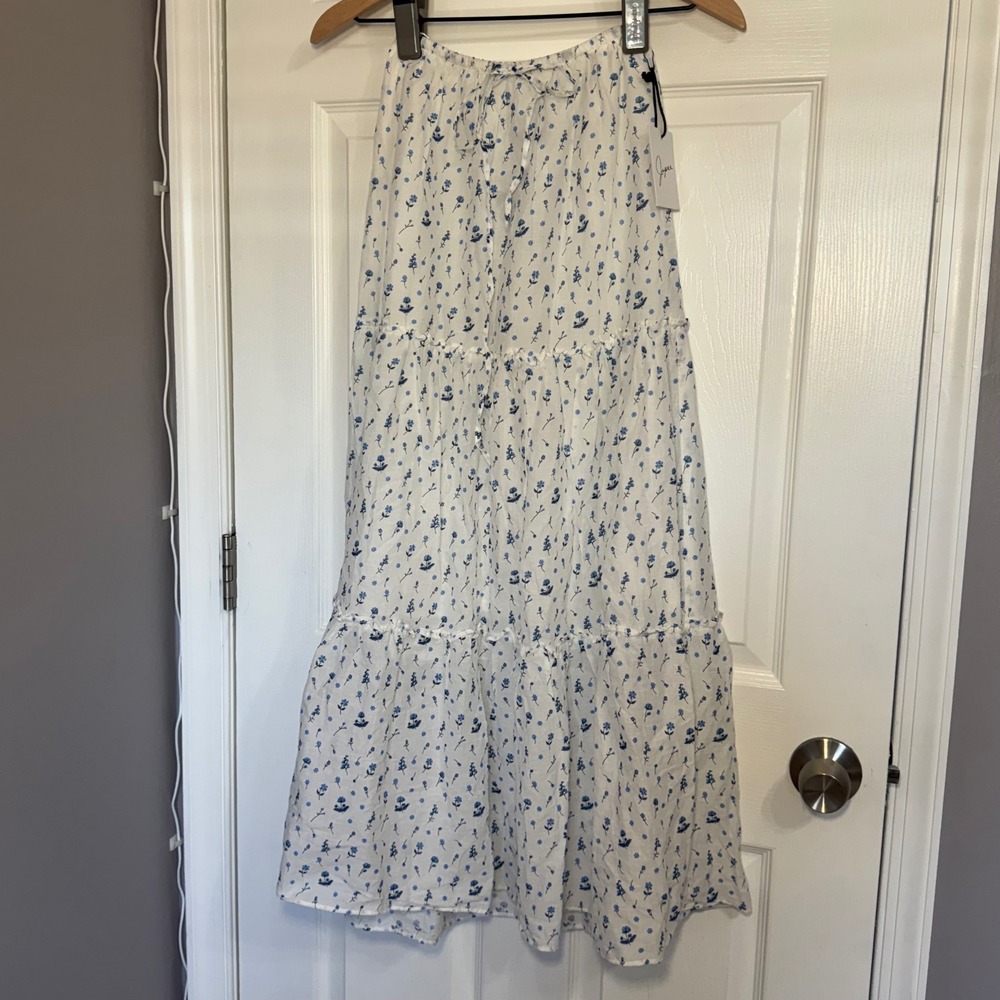 NWT Japna White Blue Floral Tiered Maxi Skirt XS Boho Cottage fairycore Cotton